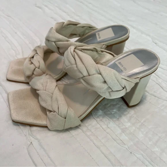 Dolce Vita Beige Silk Double Strap Braided Heels Pheby Size 6 Square Toe - Picture 4 of 11